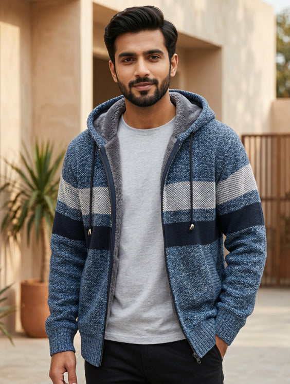 Men’s Grey & Black Hooded Zipper Cardigan Sweater | Stylish Winter Knit Hoodie Jacket