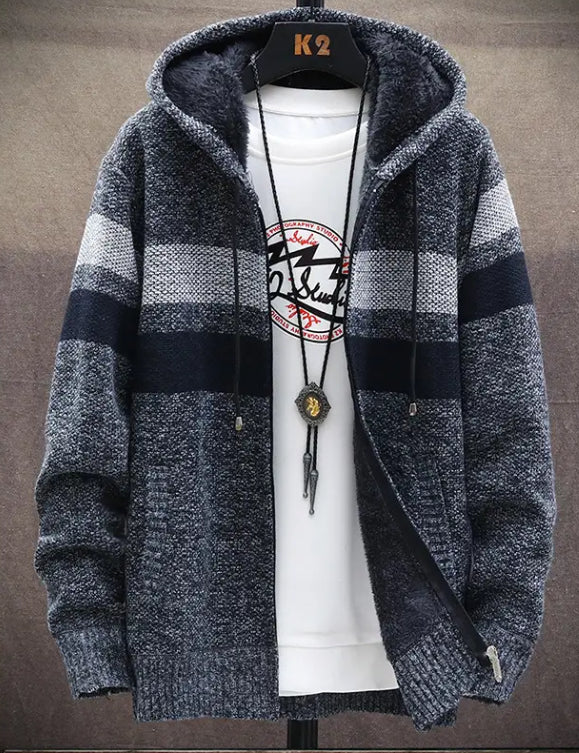 Men’s Grey & Black Hooded Zipper Cardigan Sweater | Stylish Winter Knit Hoodie Jacket