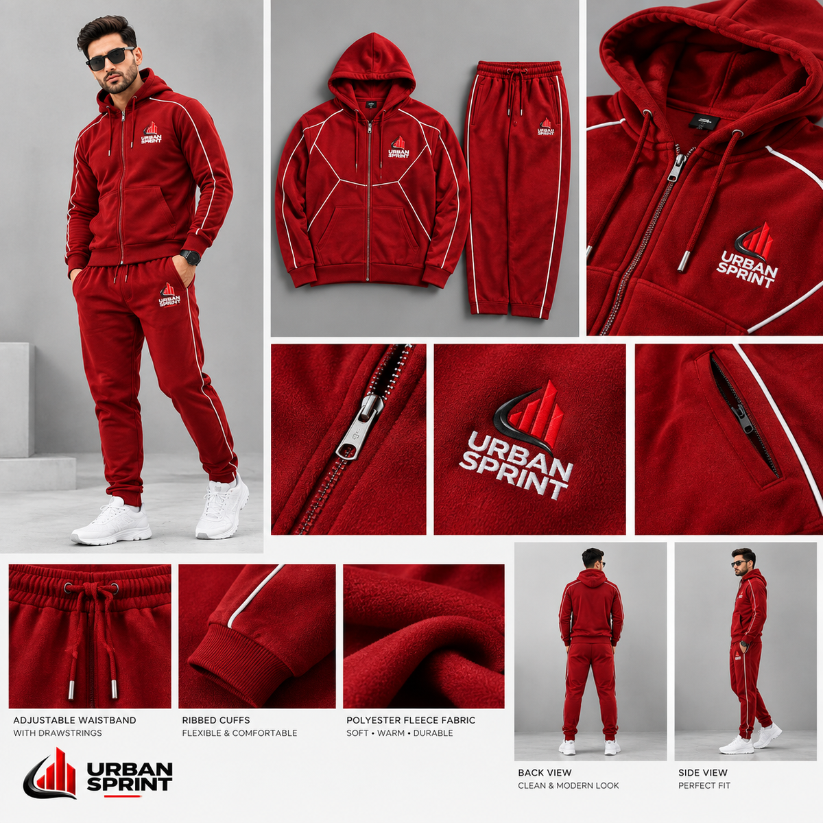 Men’s Premium Polyester Fleece Tracksuit – Red Hooded Sportswear Set | Urban Sprint