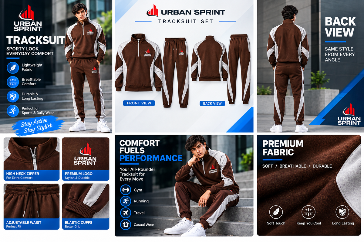 Men's Brown & Grey Half-Zip Tracksuit Set | Urban Sprint