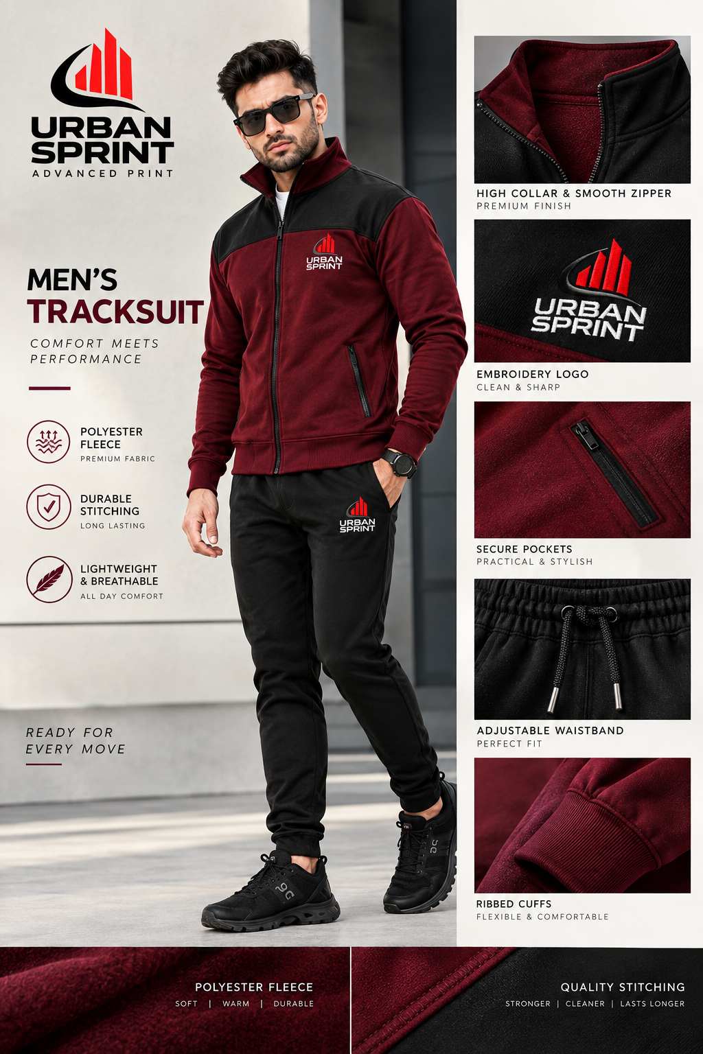 Urban Sprint Men’s Fleece Tracksuit – Maroon & Black